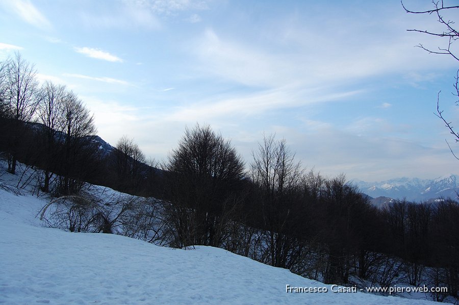 17 Tratto di sentiero verso Pallio durante la discesa.JPG - Sabato 4 aprile 09, ho fatto un giretto al Resegone (partendo da Brumano) con un mio ex copagno dell'università. Io volevo salirci di notte per vedere l'alba dalla cima, ma quando gli ho detto l'ora a cui dovevamo partire... beh, non ti dico cosa mi ha risposto! Allora ho rinunciato all'alba e siamo partiti in orari più classici. Il tempo non è stato molto bello: il cielo è sempre rimasto piuttosto coperto. La salita è stata impegnativa per la neve pesante ma sicura e il sentiero sempre ben tracciato. Unaq curiosità: al rifugio Azzoni c'erano tantissime grappe artigianali, anche una al peperoncino! Piccantissima!!! 